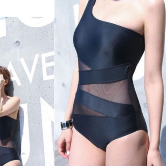 Monokini Black Padded One Shoulder Cutouts Mesh - Picture 5 of 5